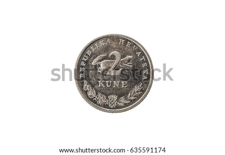 Old used and worn out 2 kuna coin. Coin of croatian currency for two kuna isolated on white. High resolution picture.