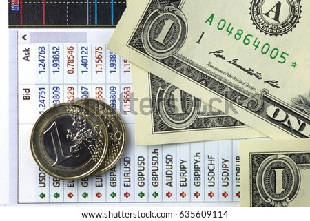 Concept of currency exchange. Chart with currencies prices. Two euro coin on the graph. One dollar bill banknotes near the coins. Macro image.