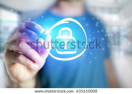 View of a Man drawing a locker icon on a futuristic interface - Technology concept