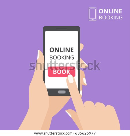 Hand holding smartphone with book button on screen. Concept of online booking mobile application. Flat design vector illustration Royalty-Free Stock Photo #635625977