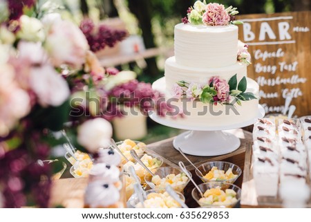 White wedding cake decorated by flowers standing on festive table with lots of snacks on side. Violet flowers on foreground. Wedding. Recetion Royalty-Free Stock Photo #635629853