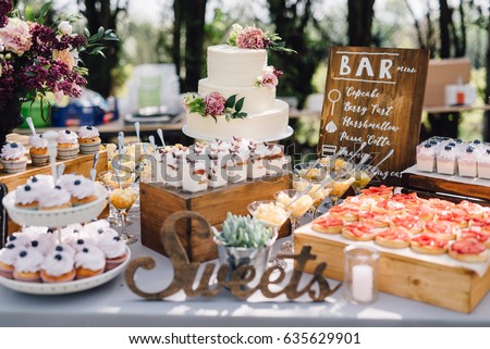 Candy bar. White wedding cake decorated by flowers standing of festive table with deserts, strawberry tartlet and cupcakes. Wedding. Reception
Tartlets Royalty-Free Stock Photo #635629901