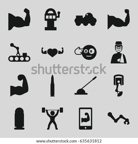Arm icons set. set of 16 arm filled icons such as head bang emot, muscle, heart with muscles, power lifter, robot, bullet