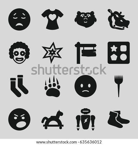 Cartoon icons set. set of 16 cartoon filled icons such as animal paw, bear, hippopotamus, from toy for beach, barber brush, explosion, socks, crying emot, sad emot, angry emot