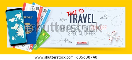 Business trip banner with passport, tickets, smartphone and credit card. Air travel concept with 70% off. Vector illustration Royalty-Free Stock Photo #635638748