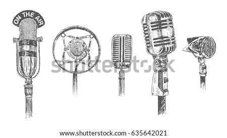 Set of microphones isolated on white background. Retro Vintage doodle hand drawn engraving style vector illustration. Scratch board imitation