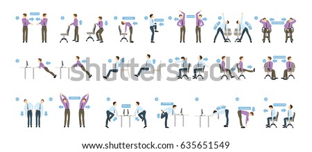 Sport exercises for office. Office yoga for tired employees with chair and table. Royalty-Free Stock Photo #635651549