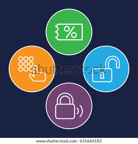 Code icons set. set of 4 code outline icons such as opened lock, lock, ticket on sale