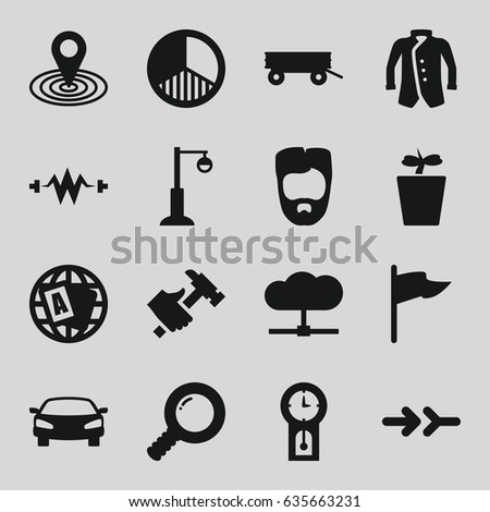 Collection icons set. set of 16 collection filled icons such as barrow, man hairstyle, globe, jacket, map location, hummer, plant in pot, street lamp, brightness, car, arrow
