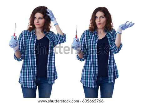 Young woman in casual clothes over white isolated background holding screwdriver, happy people and construction concept