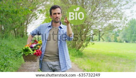Futuristic portrait of a young man making a choice Bio products, holding fresh vegetables in a basket. Concept: biological, bio-products, bio-ecology, grown by own hands, vegetarians, healthy salads