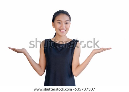 Smiling Asain woman with arm out in a welcoming gesture