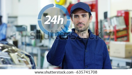 A futuristic portrait of an auto mechanics assistant, works with a hologram 24 hours a day, buying, selling and repairing spare parts online, in a car workshop. Concept: the technology of the future.