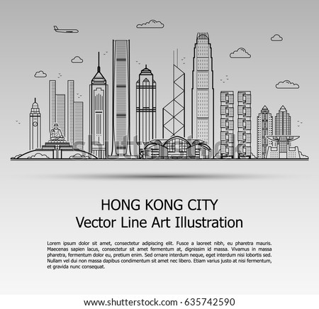 Line Art Vector Illustration of Modern Hong Kong City with Skyscrapers. Flat Line Graphic. Typographic Style Banner. The Most Famous Buildings Cityscape on Gray Background. 