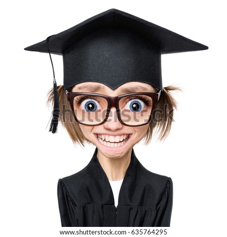 Cartoon style character with big head - portrait of a sad or surprised graduate girl student in mantle with black hat and eyeglasses, isolated on white background