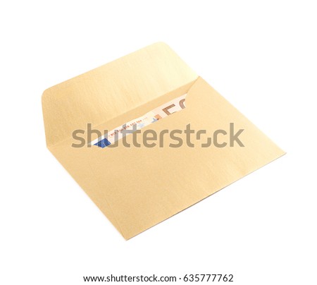 Opened paper envelope with the fifty euro banknotes inside, composition isolated over the white background