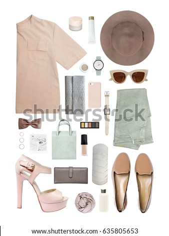 fashion blogger concept. Minimal set of Feminine accessories on white background.