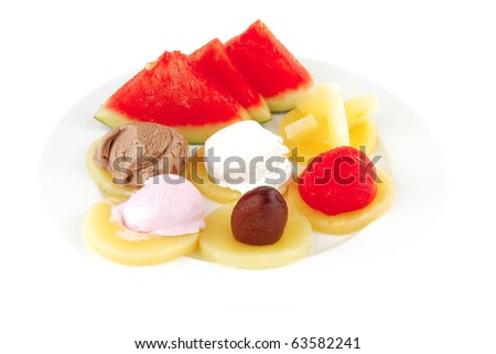 big plate with mix fruits and ice cream
