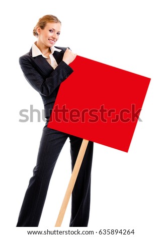Happy smiling young business woman showing blank signboard, isolated over white background