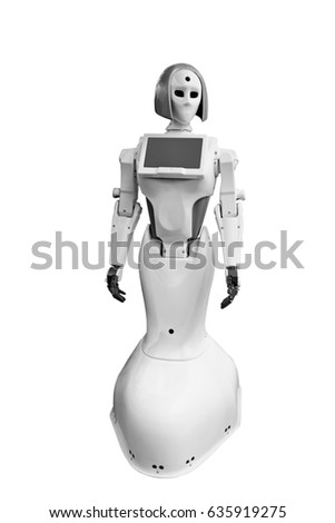 Mechanical woman robot isolated on white background