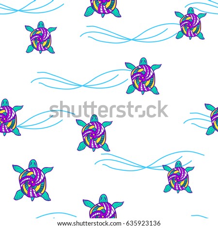 Seamless pattern with hand drawn turtles, vector illustration