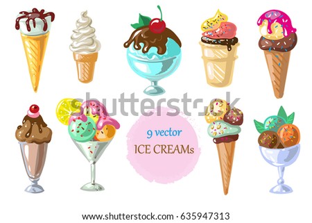 Collection of 9 vector ice cream illustrations isolated on white