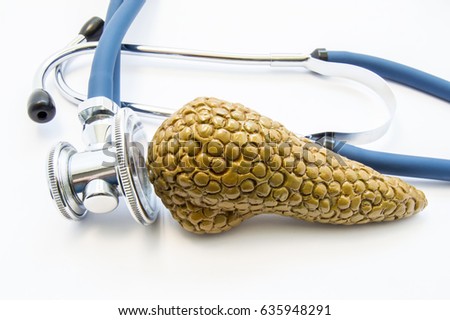 Anatomical 3D volume shape of pancreas gland near stethoscope, which examines it. Concept photo for exam or test, diagnosis and treatment disease, disorder or other health problems of pancreas gland