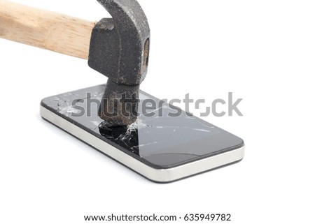 hammer pound smartphone on white background, broken technology concept, selective focus