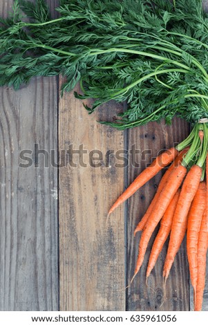Close up fresh carrots on weathered wooden table