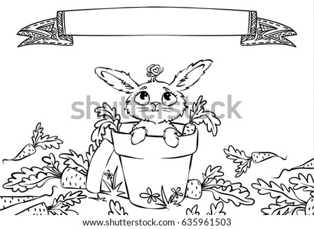 Art with cute rabbit in the garden with pots and carrots. Coloring book. Vector illustration.