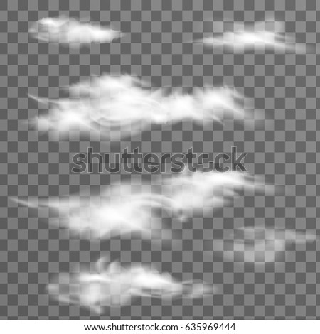 Big Set of transparent, Fluffy, white,  Realistic, spindrift different clouds isolated.  Realistic vector design elements.  Royalty-Free Stock Photo #635969444