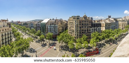 Panoramic photography of Famous street of Passeig de Gracia in Barcelona, Spain. Aerial view of the most luxury street in Barcelona