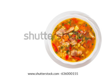 soup with meat, rice and vegetable. top view. isolated on white Royalty-Free Stock Photo #636000155