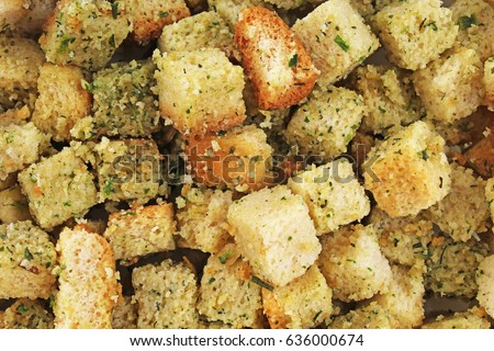 Crouton Soup balls cubes. Soup pearls texture. Fried batter pearls ("Backerbsen") - Bavarian soup garnish specialty. Soup bread balls food photo studio photography Croutons pattern.