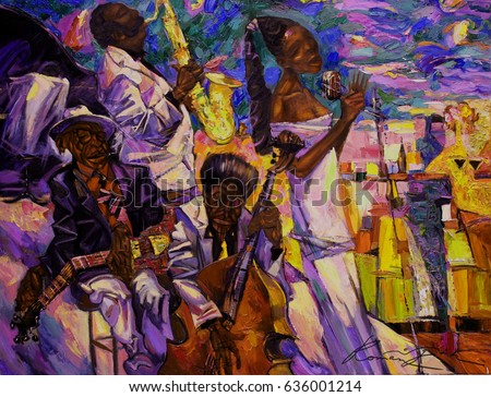 night club, jazz club, texture, oil painting, artist Roman Nogin, series "Sounds of Jazz." ,looking for partnerships with artdillers - contact facebook Royalty-Free Stock Photo #636001214