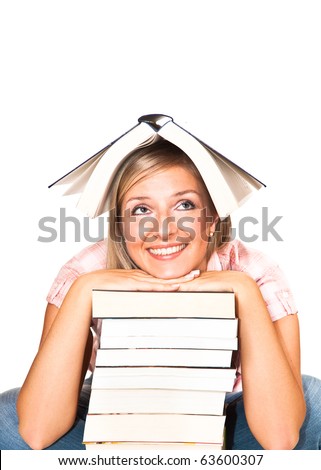 Young adult caucasian woman with books isolated on white