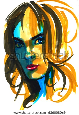 Fashion girl illustration. Hand drawn portrait of a young woman model face. sketch, marker, watercolor.