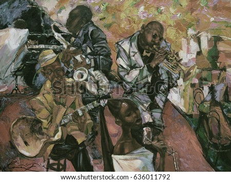  jazz club, jazz band, looking for partnerships with artdillers - contact facebook, artist Roman Nogin, series "Sounds of Jazz." ,   Royalty-Free Stock Photo #636011792