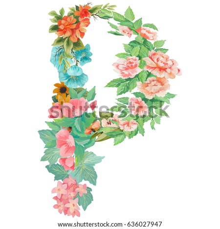 Capital letter P of watercolor flowers, isolated hand drawn on a white background, wedding design, english alphabet for invitation card for wedding, birthday and other holiday.