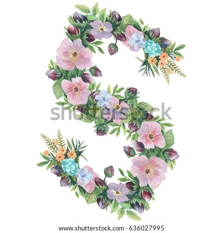 Capital letter S of watercolor flowers, isolated hand drawn on a white background, wedding design, english alphabet for invitation card for wedding, birthday and other holiday.