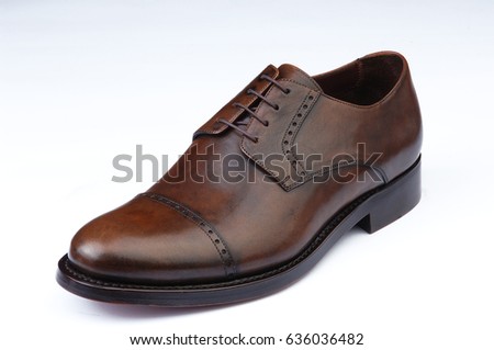 men shoe isolated on white, laced, leather, brown, stylish male footwear