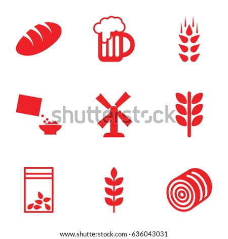 Wheat icons set. set of 9 wheat filled icons such as wheat, hay, bread, mill, seed bag, cereal