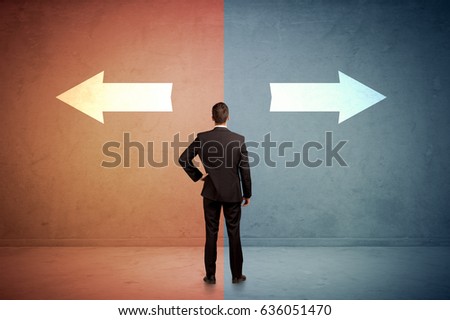 Salesman in doubt standing in front of two arrows on blue and red background concept