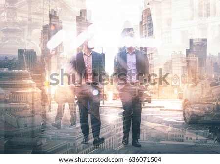Two businessman in the City. Business and modern life concept. Multiple  exposure image
