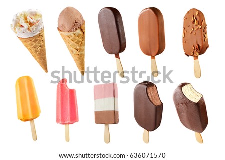Set of diffrent ice creams isolated on white background Royalty-Free Stock Photo #636071570