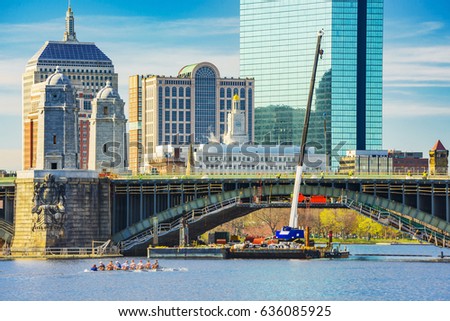 Boston skyline, Back Bay and Charles River, Longfellow Bridge, located in Boston, Massachusetts, USA.
