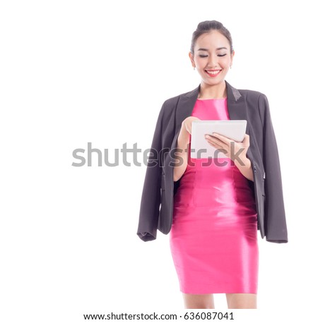 business women holding tablet with isolated white back ground
