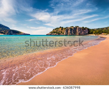 Colorful spring view of Voidokilia beach. Bright morning scene on the Ionian Sea, Pilos town location, Greece, Europe. Beauty of nature concept background. Artistic style post processed photo.