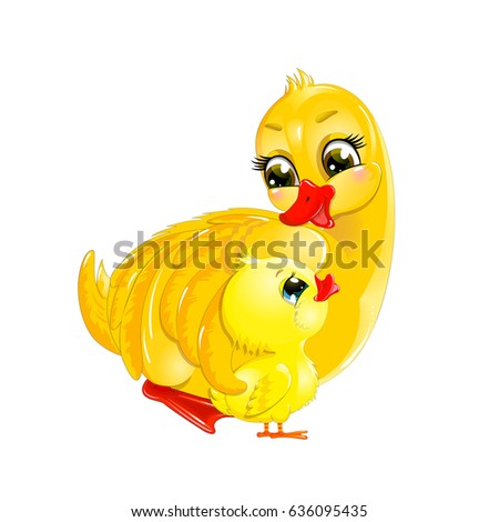 Cute duck mother hugs her child duckling isolated on white background