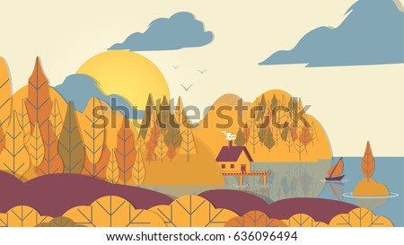 Paper-cut Style Applique Forest with Small House and Boat on Coast - Vector Illustration